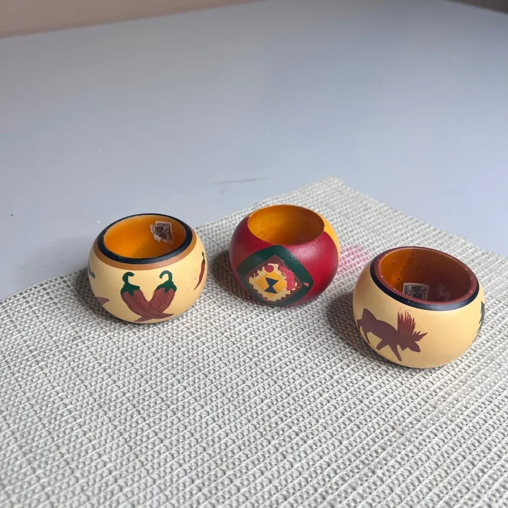 Vintage Hand Painted Wood Napkin Rings Set 3 Southwest Moose Chili Pepper India‎